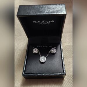 MACY, FINEST STERLING SILVER CLEAR CZ NECKLACE AND EARRINGS SET
